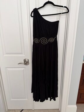 Black One-Shoulder Maxi Dress with gold embroidered Waist